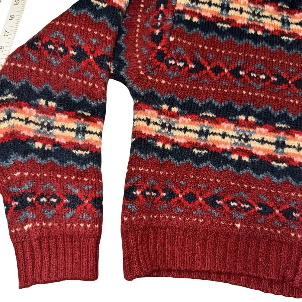 American Eagle‎ Super Soft Red Fair Isle Full Zip Up Cardigan Sweater Size Med